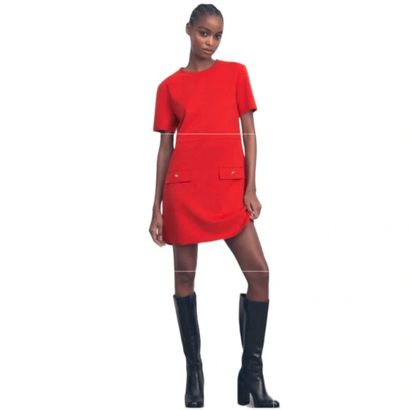 Zara NEW Red Shift Dress With Gold Buttons Short Sleeve Soft Faux Suede Size XS - Picture 3 of 9